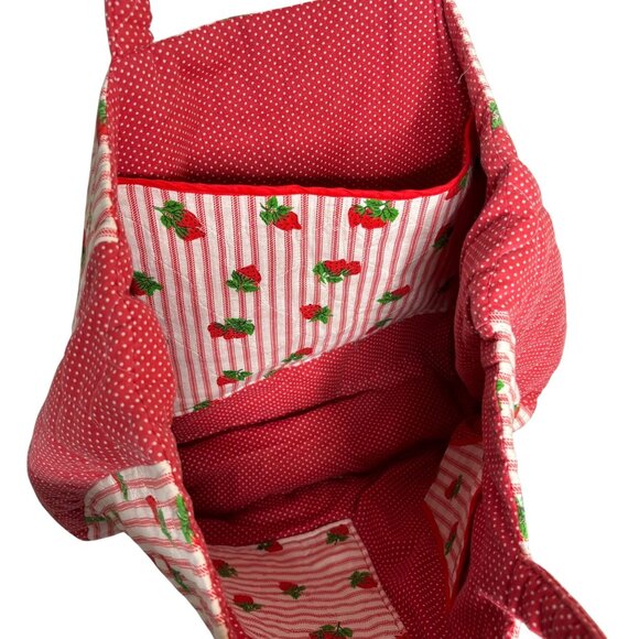 Handmade Quilted Strawberry Print Tote Bag Large Red Striped Inner Pockets - Picture 2 of 6